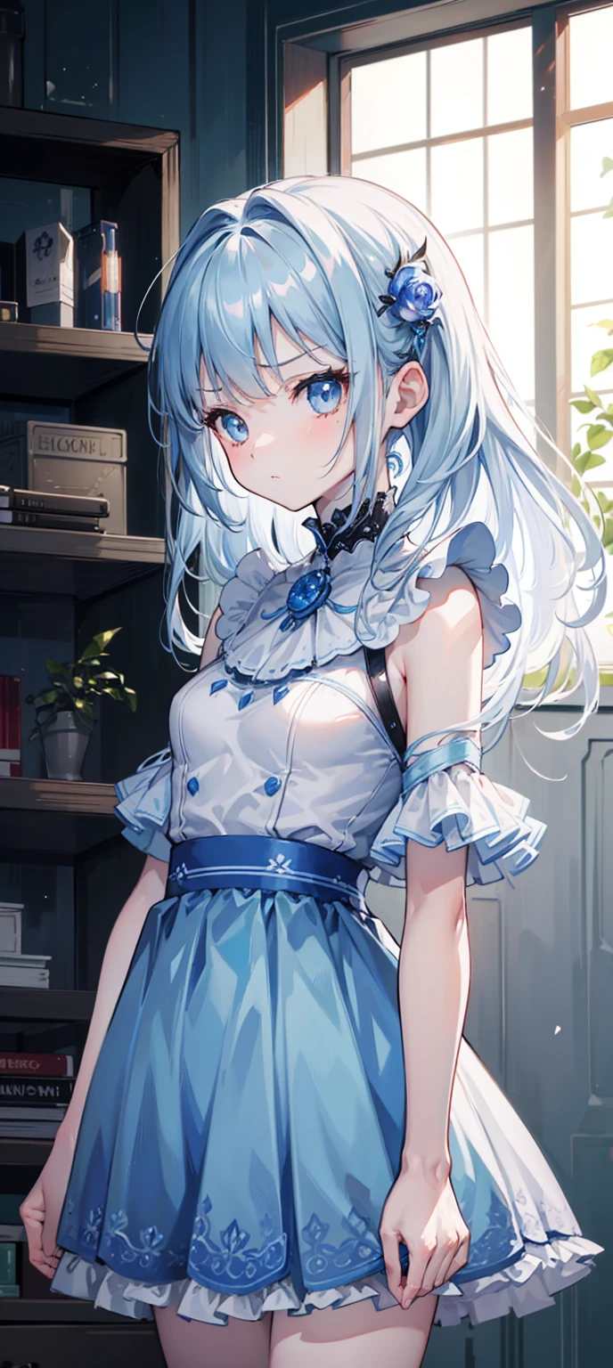 masterpiece, best quality, (Very detailed CG unit 8k wallpaper) ，Ray Tracing, Harsh environment, Extremely detailed, ,15 years old，little girl，Light blue dress，Small Breasts，Angry Stare，（whole body：9.9），White skin，Cute face，high resolution，illustration