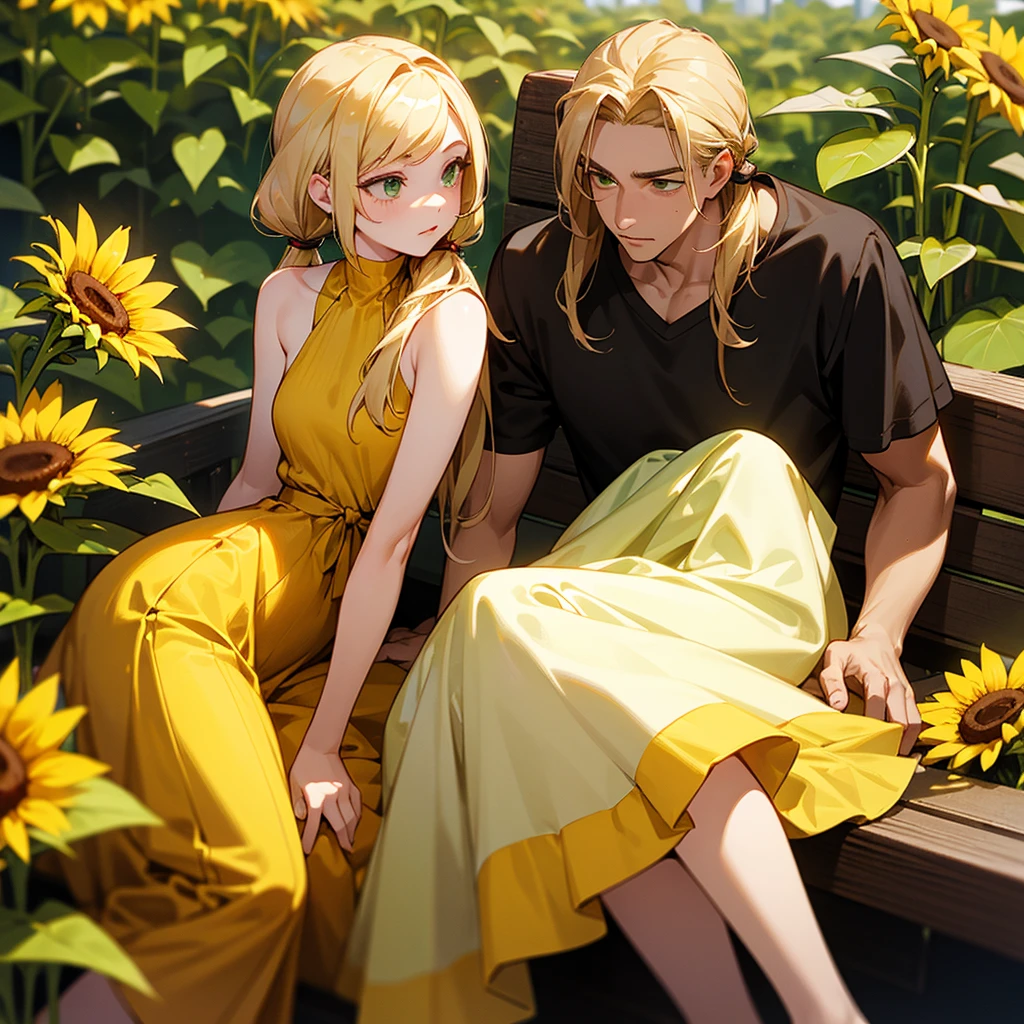 A 19-year-old girl sitting on a wooden bench. She is blonde with green eyes and has peach lips. Wears a swirly yellow dress. Her blonde hair is styled in pigtails. In her hands, she holds a sunflower. Beside him is a young man Long-haired and brown. He looks serious and calm, his gaze is lost on her.