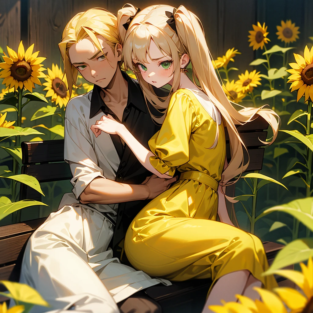 A 19-year-old girl sitting on a wooden bench. She is blonde with green eyes and has peach lips. Wears a swirly yellow dress. Her blonde hair is styled in pigtails. In her hands, she holds a sunflower. Beside him is a young man Long-haired and brown. He looks serious and calm, his gaze is lost on her.