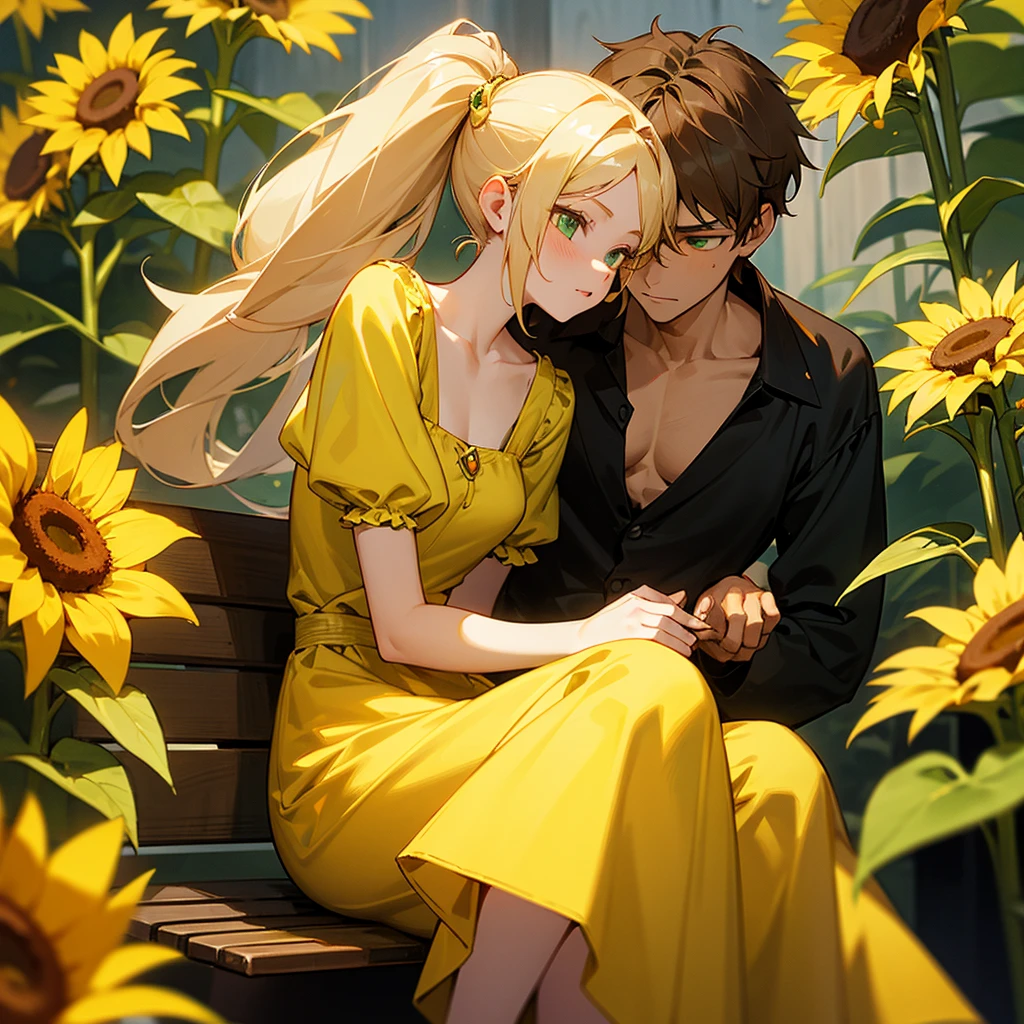 A 19-year-old girl sitting on a wooden bench. She is blonde with green eyes and has peach lips. Wears a swirly yellow dress. Her blonde hair is styled in pigtails. In her hands, she holds a sunflower. Beside him is a young man Long-haired and brown. He looks serious and calm, his gaze is lost on her.