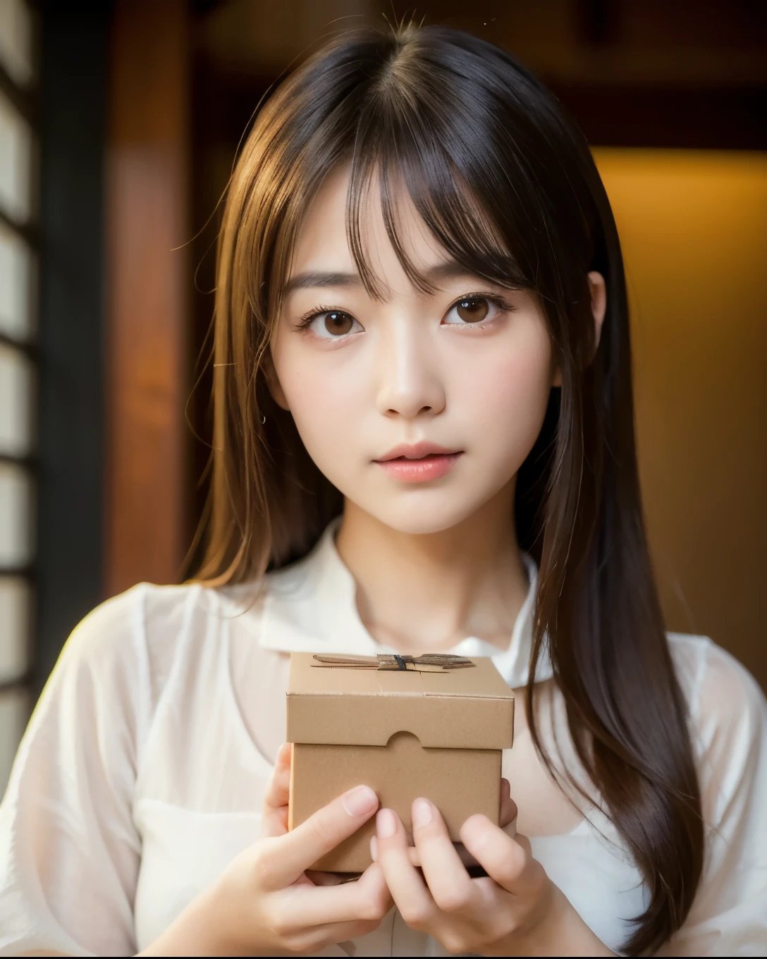 Highest quality, Face Focus, Soft Light, Ultra-high resolution, (Realistic:1.4), RAW Photos,
1 Japanese girl, alone, cute, (pupil, Light in your eyes),  Beautiful face in every detail, (Small box),(High resolution detail of human skin texture),
(Long Hair),
indoor,
Damask Shirt Dress,
(whole body)