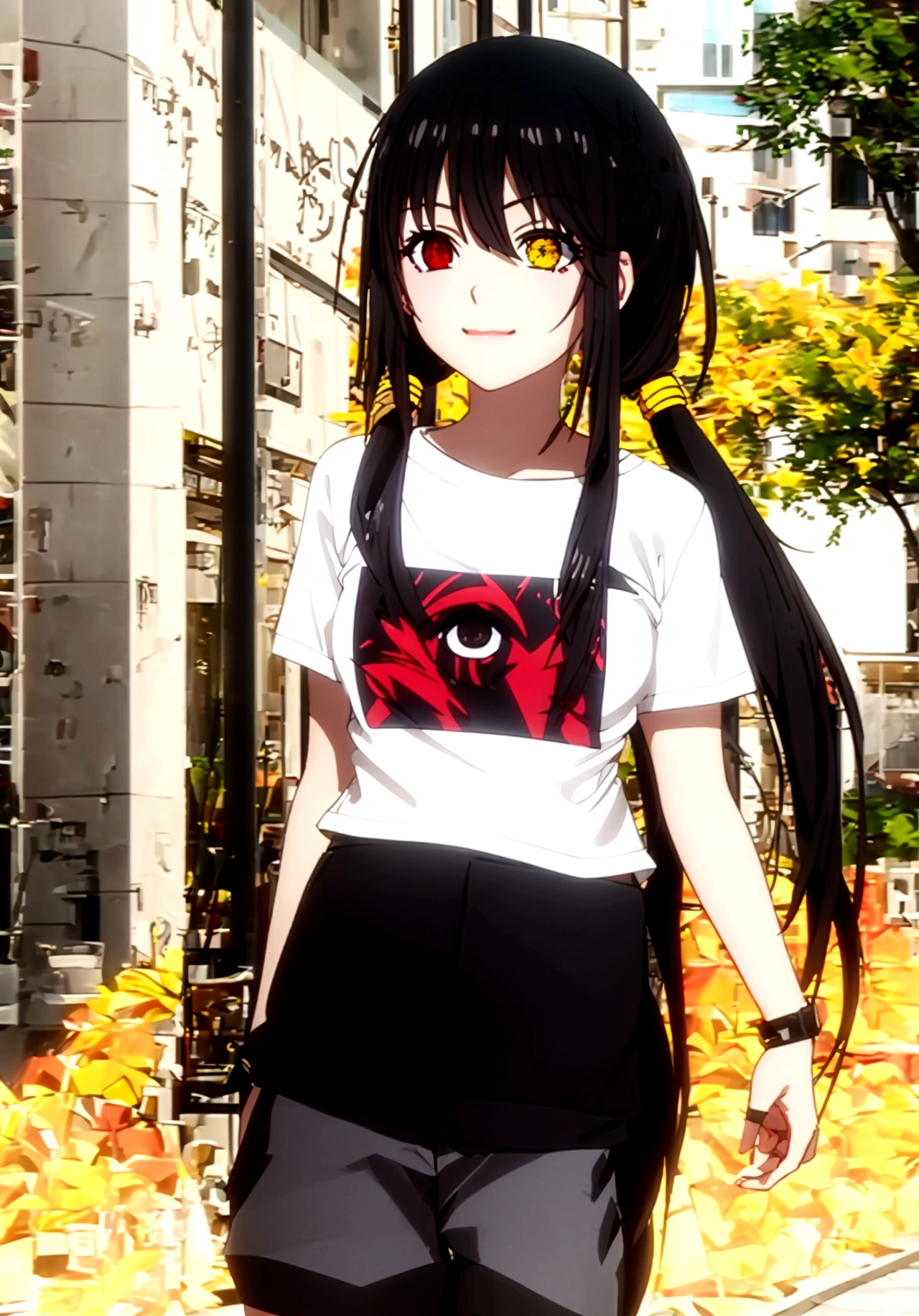 ultra-detailed,highly detailed,best quality,masterpiece,illustration
1girl, ((tokisaki kurumi)), cosplay, hair over one eye, ((right red eye, left yellow eye)), looking at viewer, happy girl, low twintails, ((t-shirts)), (((black hotpants))), hair rings, loafers,
(Outdoors) , walking, beach
