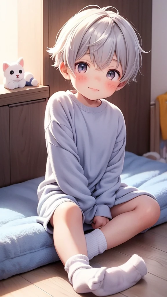 8 year old boy sitting on the floor with his legs crossed and with cute socks with children's drawings his room is so cute and full of sparkles He has fluffy white hair He is wearing cute animal pajamas He's also wearing a cute animal paw