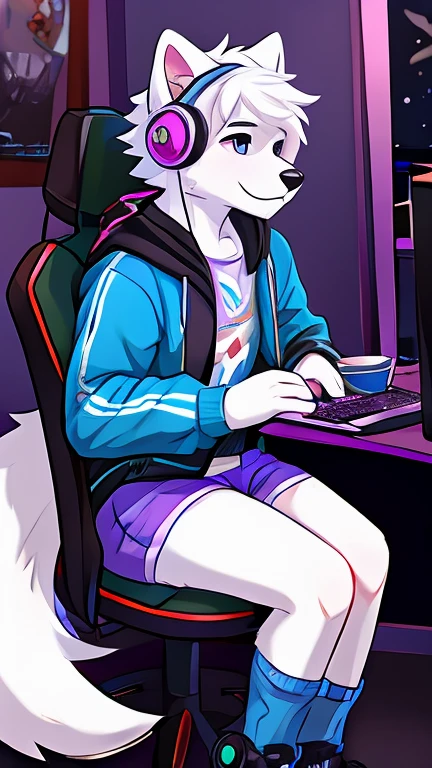 arctic fox, mascle, Unclothed, sitting on an economical chair, using gamer headphones, furry, fluffly