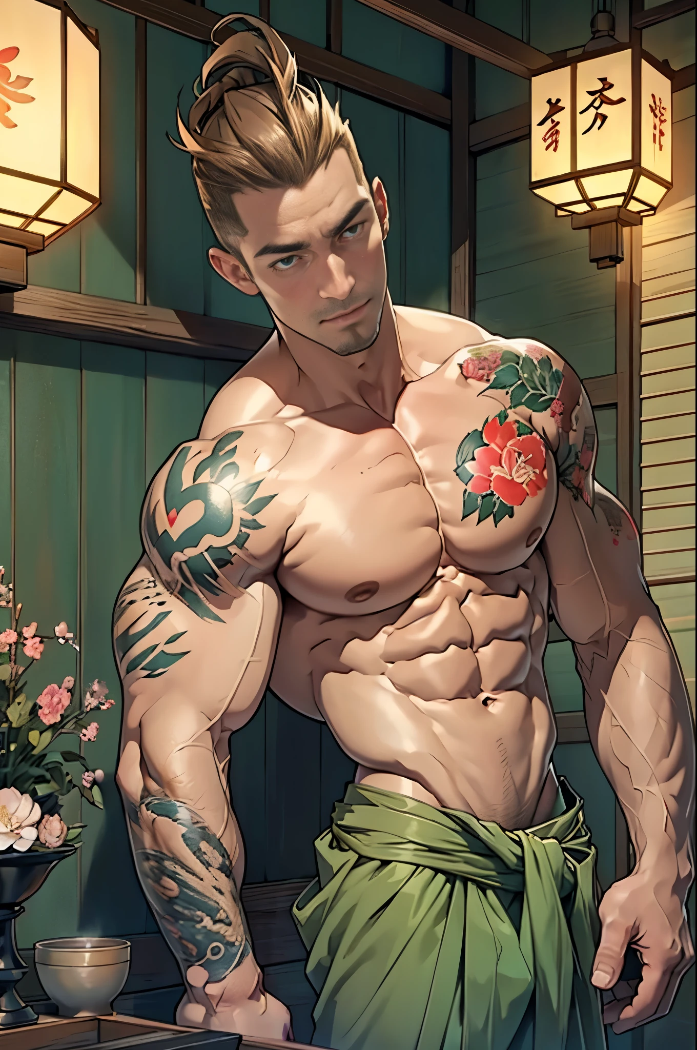 A handsome tall man lying on the ground, He is 28 years old，Thin waist，The pectoral muscles are well developed, He is 175cm tall，Weight 62 kg、yellow-green eyes、brown hair color、short hair、Shirtless、underwear、looking into camera，Gangster，Late Night，Japanese-style room，Tatami，Japanese flowers，Paper doors，lantern，kimono，Japanese totem tattoo，dangerous, Bad guy, epic
