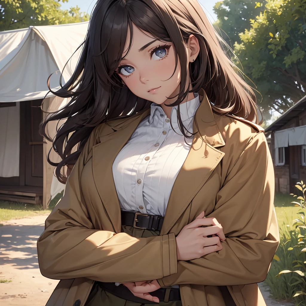 (8K, Best Quality, Masterpiece, Ultra High Resolution) 1Woman, Beautiful Eyes, Face Details, Dark Hair, Hazel Eyes, Pale Skin, Tan Colored Military Uniform, Tan Jacket, White Fitted Shirt, Outside, Military Camp, Countryside, Best Quality, Upper Body, Looking at the Viewer, Facing Viewer, Close Up