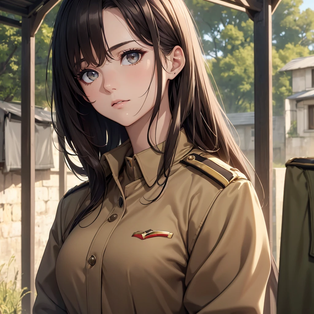 (8K, Best Quality, Masterpiece, Ultra High Resolution) 1Woman, Beautiful Eyes, Face Details, Dark Hair, Hazel Eyes, Pale Skin, Tan Colored Military Uniform, Tan Jacket, White Fitted Shirt, Outside, Military Camp, Countryside, Best Quality, Upper Body, Looking at the Viewer, Facing Viewer, Close Up