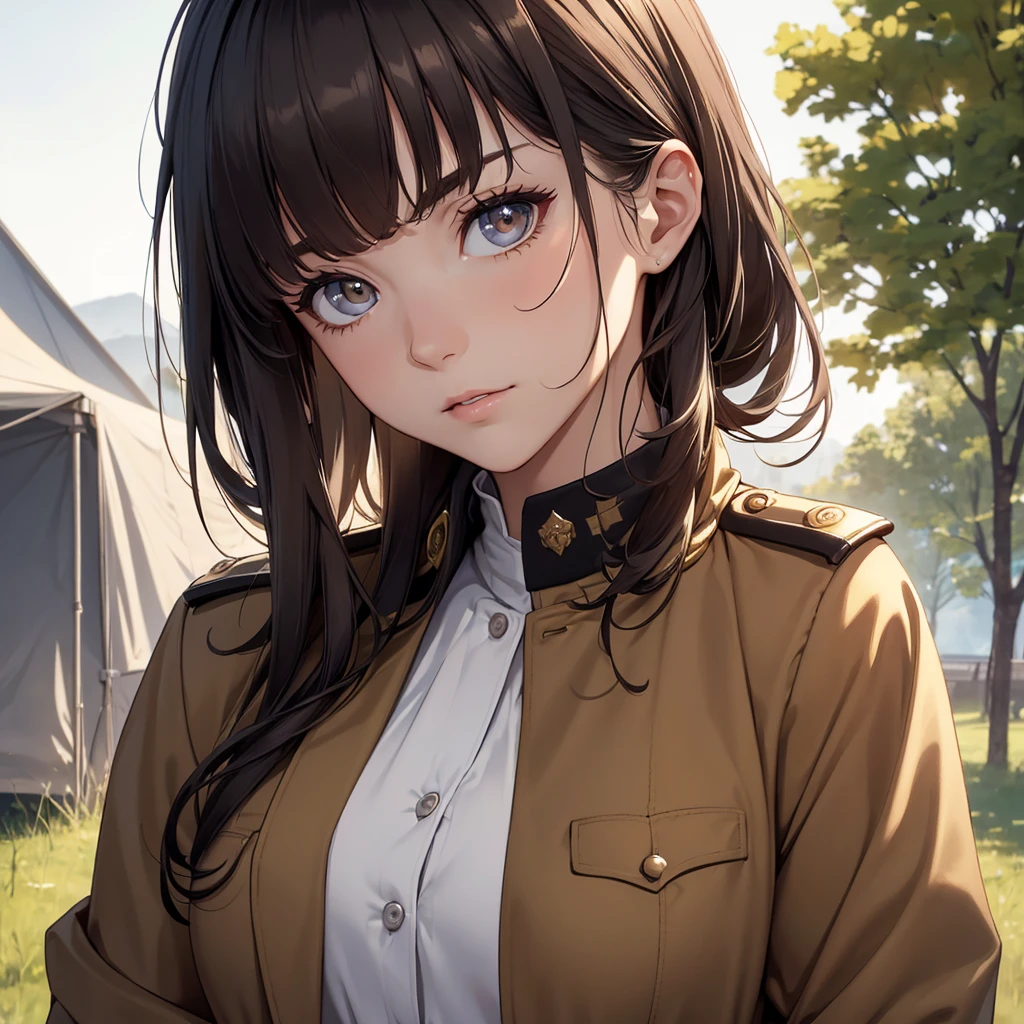 (8K, Best Quality, Masterpiece, Ultra High Resolution) 1Woman, Beautiful Eyes, Face Details, Dark Hair, Hazel Eyes, Pale Skin, Tan Colored Military Uniform, Tan Jacket, White Fitted Shirt, Outside, Military Camp, Countryside, Best Quality, Upper Body, Looking at the Viewer, Facing Viewer, Close Up