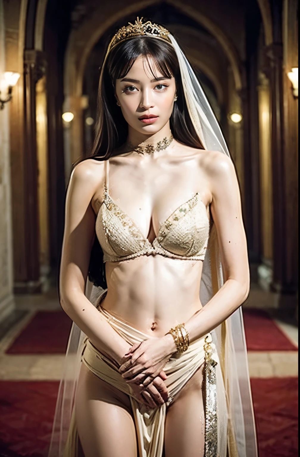 naked,Like the whole body," shape, Bride's outfit without shoulder straps,Small gold tiara,huge ,sloppy and droopy breasts, Her heavy breasts are almost completely exposed ,Fully visible bust,Sheer princess skirt,Arabian Palace Wedding,There is a large crowd of people gathered behind her., Perfect body, (Highest quality, 4K, 8K, High resolution, Tabletop:1.2), Super detailed, (Realistic, Realistic, Photorealistic:1.37), Royal, Enchanting, (Vibrant colors, Sharp Chest:1.1), Soft lighting", Transparent Dress. (((No underwear))), (((A small gold see-through waist cloth covers the pussy))), Deep cleavage. naked thighs.  (((naked.))), (((Gold Micro Bra))), (((Arabian Princess Wedding.)))