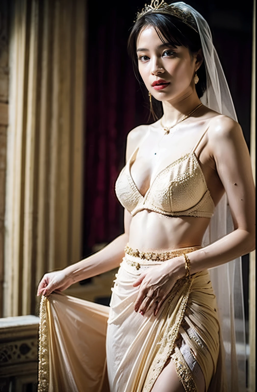 naked,Like the whole body," shape, Bride's outfit without shoulder straps,Small gold tiara,huge ,sloppy and droopy breasts, Her heavy breasts are almost completely exposed ,Fully visible bust,Sheer princess skirt,Arabian Palace Wedding,There is a large crowd of people gathered behind her., Perfect body, (Highest quality, 4K, 8K, High resolution, Tabletop:1.2), Super detailed, (Realistic, Realistic, Photorealistic:1.37), Royal, Enchanting, (Vibrant colors, Sharp Chest:1.1), Soft lighting", Transparent Dress. (((No underwear))), (((A small gold see-through waist cloth covers the pussy))), Deep cleavage. naked thighs. (((naked.))), (((Gold Micro Bra))), (((Arabian Princess Wedding.)))