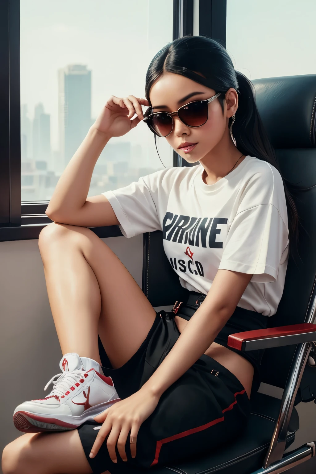 A closeup of a monkey sitting in a chair with a bag, black ray ban glasses, red and white Jordan air sneakers, trend in CGSsociety art, trend in CGSsociety, wojtek fus, trend in cgsociety, [ trend in cgsociety ]!!, hyperdetailed fantasy character, cgsociety and fenghua zhong, intricate wlop, ross tran 8 k, trend in artstation 4k, stunning digital illustration, vignette,indian