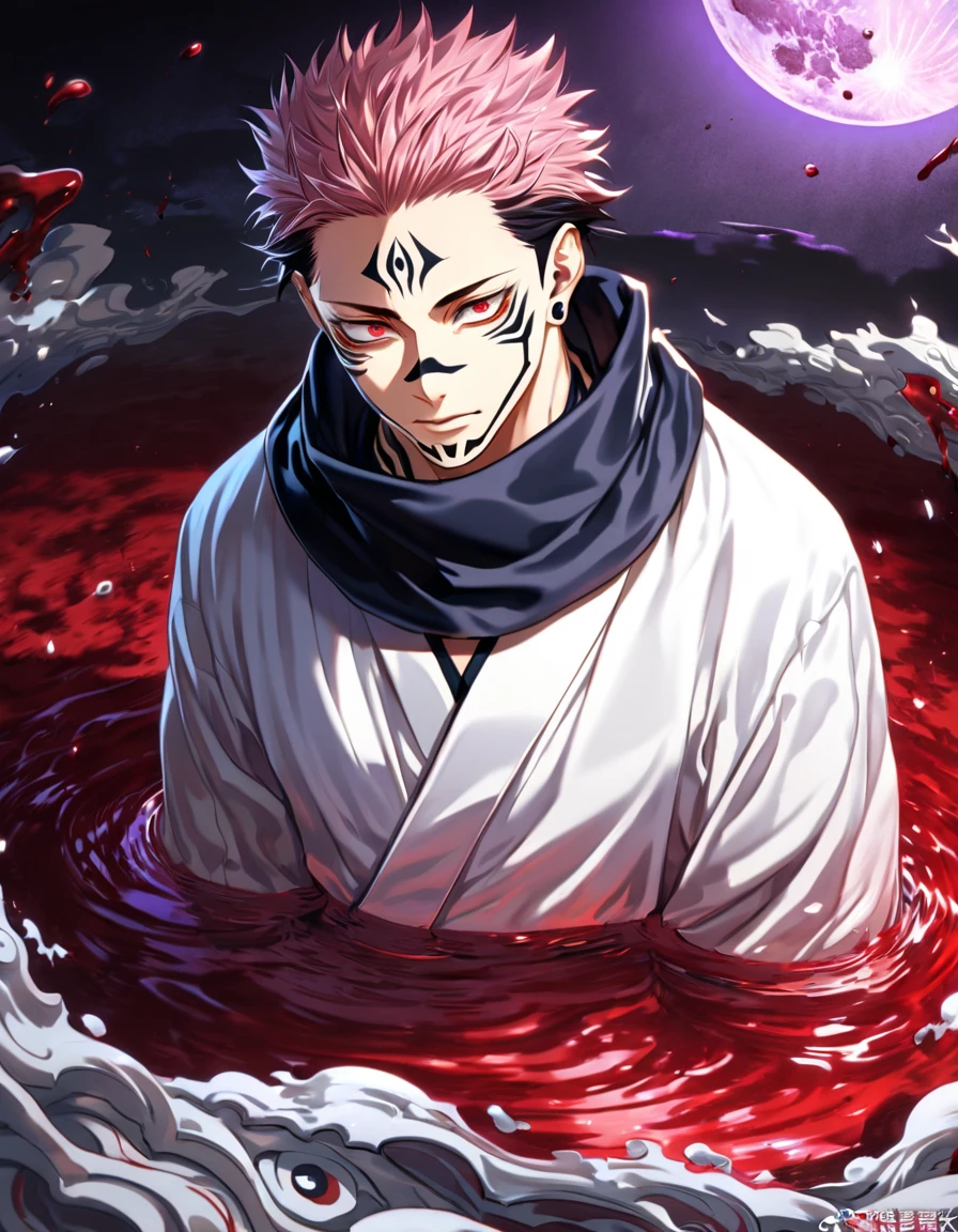 absurdres, highres, ultra detailed, HDR, masterpiece, best quality, Ryomen Sukuna, black hair, expressive red eyes, Jujutsu Kaisen, solo, sexy man, handsome, black scarf, white kimono, red blood water, purple moon, magical, pink hairs, yuji Itadori's body takeover