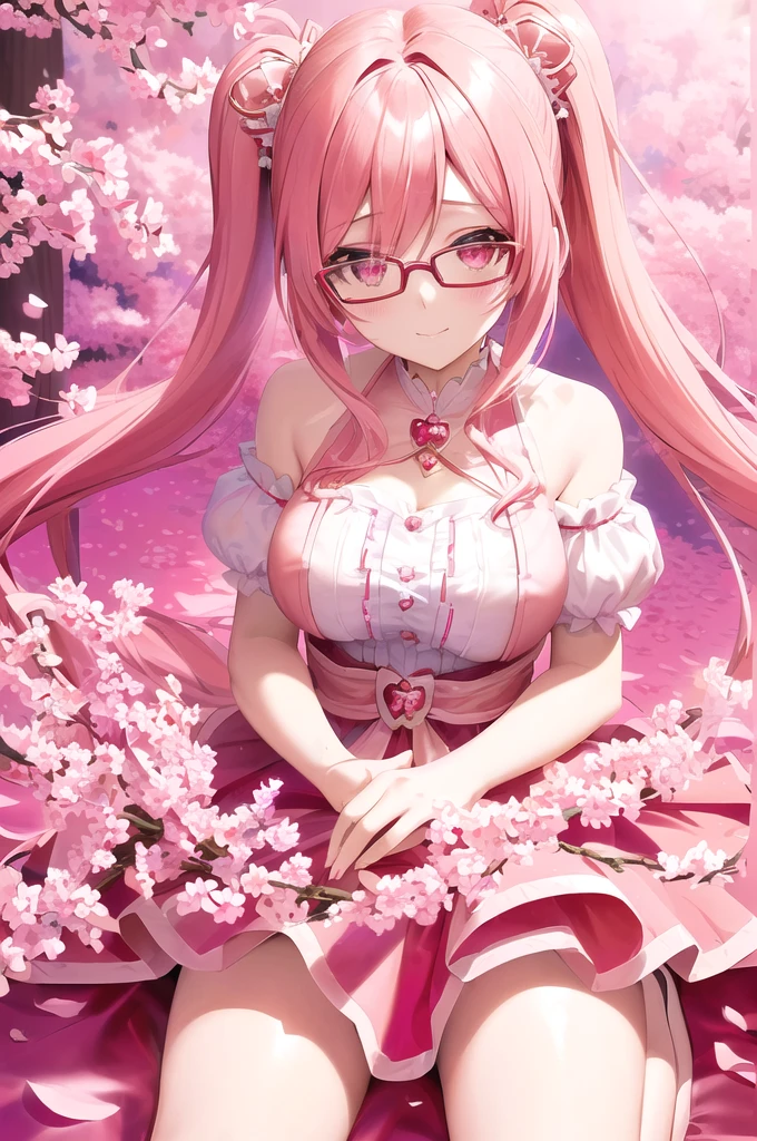 anime girl with pink hair and glasses in a red dress, anime moe artstyle, pink twintail hair and cyan eyes, my dress up darling anime, , made with anime painter studio, 8k!!, sakura petals around her, anime styled 3d, sakura kinomoto, gapmoe yandere, stylized anime, anime stylized