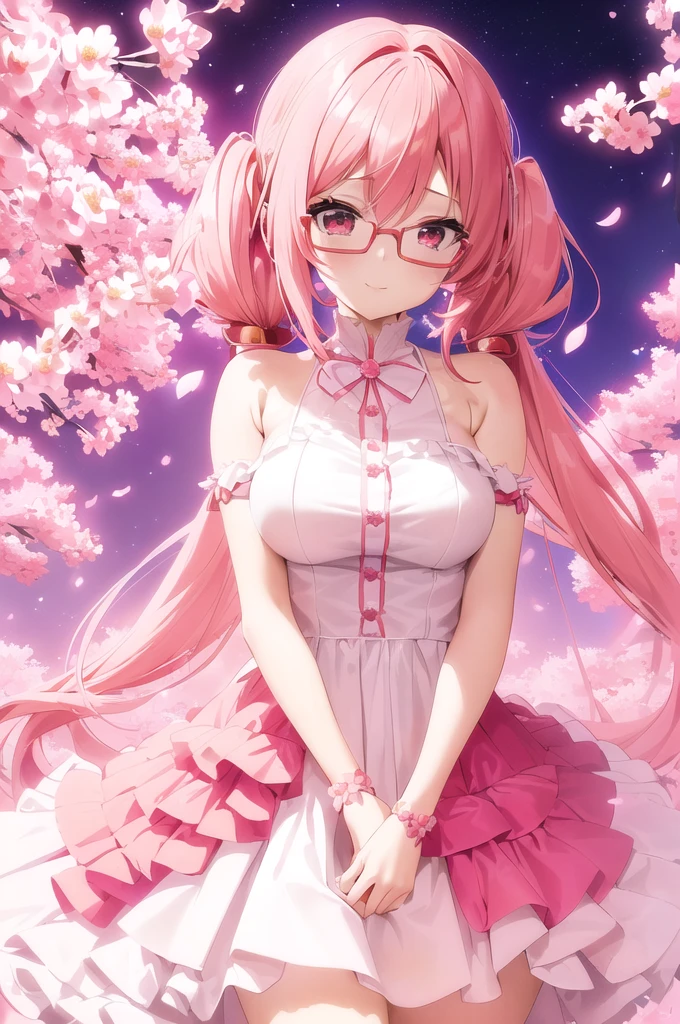 anime girl with pink hair and glasses in a red dress, anime moe artstyle, pink twintail hair and cyan eyes, my dress up darling anime, , made with anime painter studio, 8k!!, sakura petals around her, anime styled 3d, sakura kinomoto, gapmoe yandere, stylized anime, anime stylized