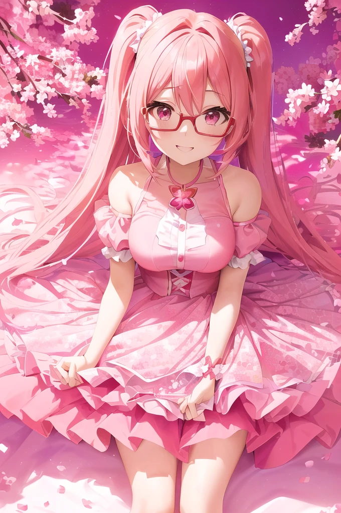 anime girl with pink hair and glasses in a red dress, anime moe artstyle, pink twintail hair and cyan eyes, my dress up darling anime, , made with anime painter studio, 8k!!, sakura petals around her, anime styled 3d, sakura kinomoto, gapmoe yandere, stylized anime, anime stylized