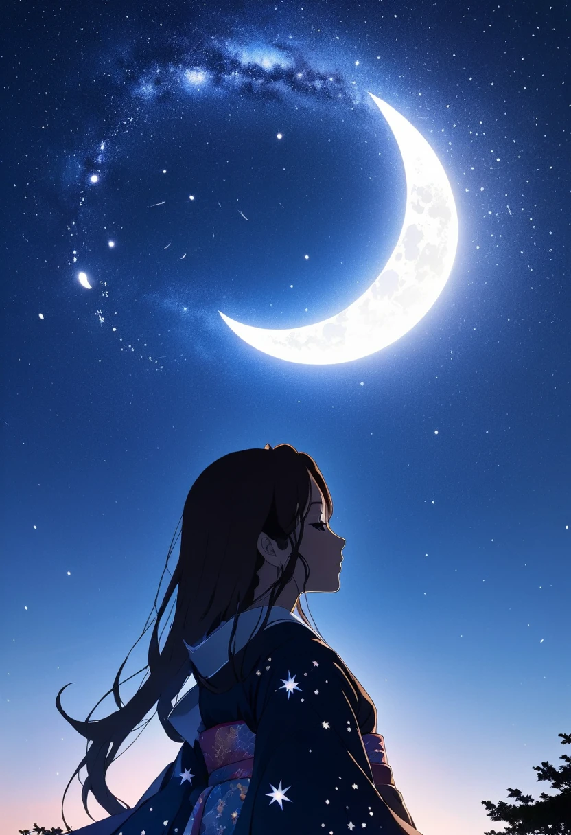 mate piece, silhouette, Milky Way, A silhouette art in which Orihime sheds tears from the loneliness of being able to meet Hikoboshi only once a year. A composition that makes you look up at the sky. Portrait facing left. Orihime wears a kimono with very beautiful and detailed embroidery. The background is the beautiful Milky Way. The stars are shining. Crescent Moon. Tanabata decorations on the left and right. At an angle that looks like it was taken from diagonally below. A masterpiece. Anime style. 32K, from below, low angle shot, masterpiece,