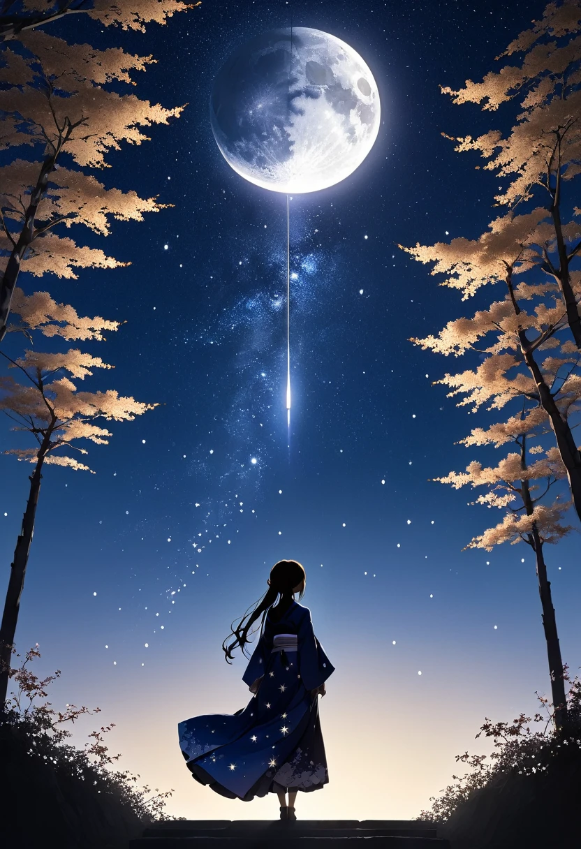 mate piece, silhouette, Milky Way, A silhouette art in which Orihime sheds tears from the loneliness of being able to meet Hikoboshi only once a year. A composition that makes you look up at the sky. Portrait facing left. Orihime wears a kimono with very beautiful and detailed embroidery. The background is the beautiful Milky Way. The stars are shining. Crescent Moon. Tanabata decorations on the left and right. At an angle that looks like it was taken from diagonally below. A masterpiece. Anime style. 32K, from below, low angle shot, masterpiece,