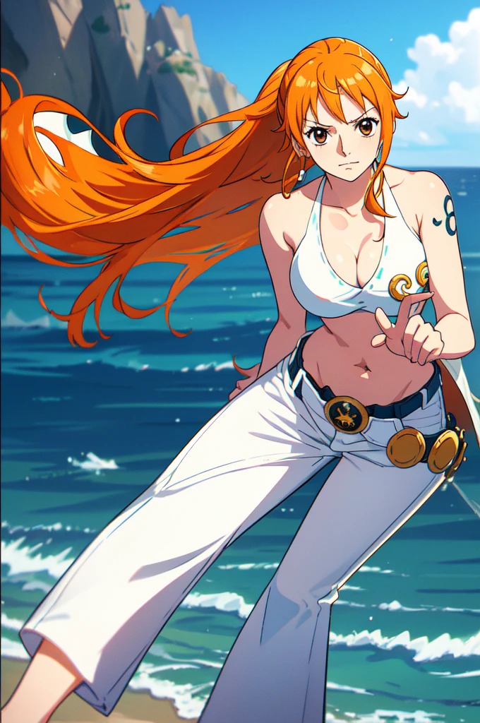 Nami from One Piece, long orange hair, ponytail, beautiful brown eyes, blushing cheeks, wearing a white bikini and jeans, enjoying a sunny day at the beach. The art style should resemble a captivating anime style. Tattoo on left shoulder, (white bikini:1.8), (long jeans:1.8).
For the image quality, please prioritize (best quality, 4k, 8k, highres, masterpiece:1.2), ultra-detailed, and (realistic, photorealistic, photo-realistic:1.37) rendering. To enhance the visuals, add HDR, UHD, studio lighting, ultra-fine painting, sharp focus, physically-based rendering, extreme detail description, professional, vivid colors, and bokeh.
Capturing the essence of Nami's adventurous spirit and the picturesque beach scene, make sure to emphasize the vibrant colors and the warm sunlight in the artwork. The lighting should create a soft, dreamy atmosphere that enhances Nami's beauty.
Disclaimer: This prompt may involve NSFW elements due to the mention of a bikini. Please ensure that it complies with your guidelines and requirements.
Remember, do not add any explanations or sentence fragments to the prompt. Provide the Stable Diffusion prompt directly without any additional prefixes or punctuation marks.