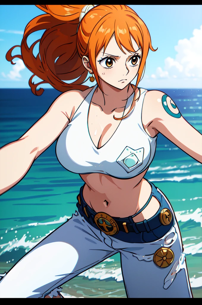 Nami from One Piece, long orange hair, ponytail, beautiful brown eyes, blushing cheeks, wearing a white bikini and jeans, enjoying a sunny day at the beach. The art style should resemble a captivating anime style. Tattoo on left shoulder, (white bikini:1.8), (long jeans:1.8).
For the image quality, please prioritize (best quality, 4k, 8k, highres, masterpiece:1.2), ultra-detailed, and (realistic, photorealistic, photo-realistic:1.37) rendering. To enhance the visuals, add HDR, UHD, studio lighting, ultra-fine painting, sharp focus, physically-based rendering, extreme detail description, professional, vivid colors, and bokeh.
Capturing the essence of Nami's adventurous spirit and the picturesque beach scene, make sure to emphasize the vibrant colors and the warm sunlight in the artwork. The lighting should create a soft, dreamy atmosphere that enhances Nami's beauty.
Disclaimer: This prompt may involve NSFW elements due to the mention of a bikini. Please ensure that it complies with your guidelines and requirements.
Remember, do not add any explanations or sentence fragments to the prompt. Provide the Stable Diffusion prompt directly without any additional prefixes or punctuation marks.