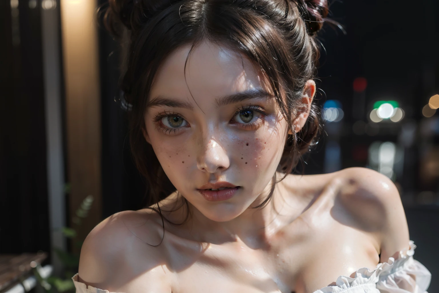 ((best quality)), ((masterpiece)), (detailed), 1girl, double bun hairstyle,
bare shoulders, very close up, night, alley, off shoulder dress, backlighting,
beautiful face, green eyes