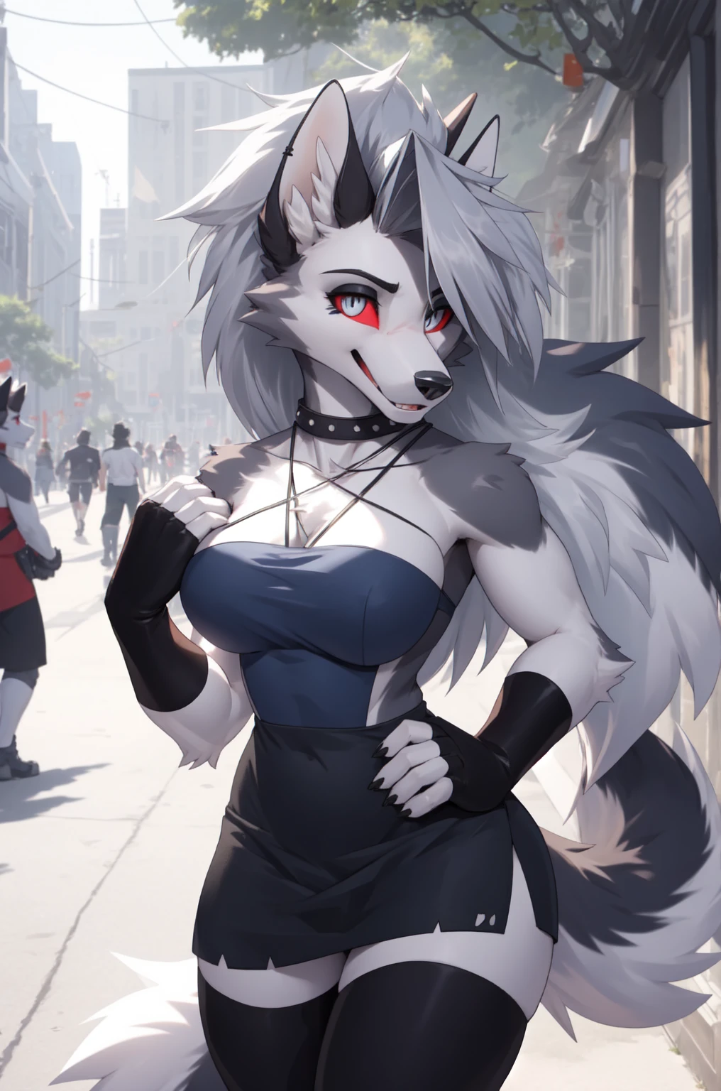masterpiece, best quality, loona hellhound, detailed face, detailed eyes, (slit pupils, white eyes), red sclera, happy, [smile,] fingerless gloves, large busty breast, wearing a red sleeveless strapless dress, tail, black stocking legging, standing, street, sunny rays 