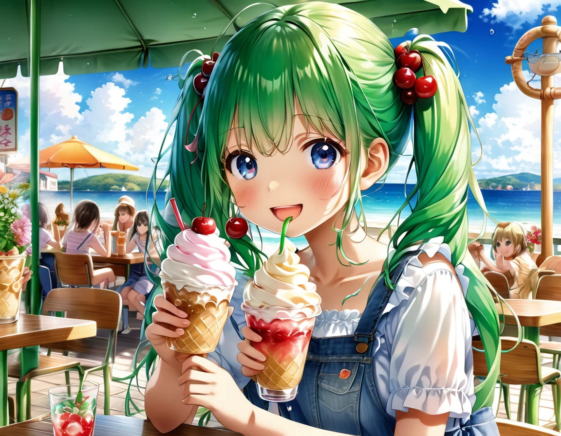 Ice cream and red cherry on a green drink in a seaside cafe decorated with flowers、girl, Light blue long hair、Beautiful girl with twin tails、Bright smile、cream soda、Cute realistic portrait, かわいいgirlのアニメビジュアル, ソーダをテーマにしたgirl, かわいいアニメのgirl,With a straw, Splash art anime 