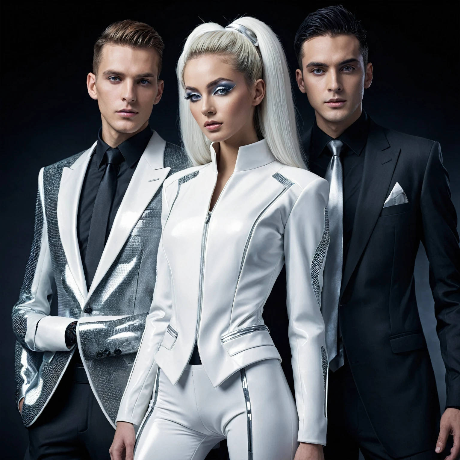 arafed image of a man and a woman in a suit and tie, three futuristic princes, futuristic clothing, wearing futuristic white suit, wearing futuristic clothing, cybersuits, futuristic clothes, futuristic cyber clothing, futuristic fashion clothing, biopunk futuristic wardrobe, cyber suit, futuristic fashion, futuristic tech wear, diverse cybersuits, cyber wear, futuristic royalty