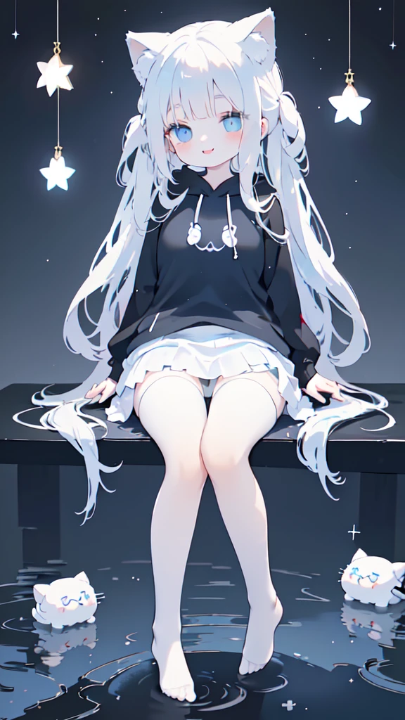 beautiful girl,Cat ear,Long white hair,Light blue eyes,cute, young, Black tights, Wearing a large hoodie,sleeping,Big Eyes,smile,1 person,The background is a starry sky,beautiful girlのみ,Sitting,No shoes,Flipping up a skirt,ベットにSitting,Red cheeks,