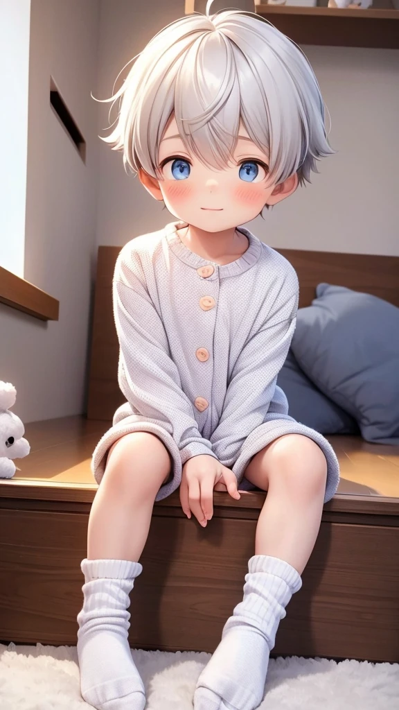 8 year old boy sitting on the floor with his legs crossed and with cute socks with children's drawings his room is so cute and full of sparkles He has fluffy white hair He is wearing cute animal pajamas He's also wearing a cute animal paw His sock has some pompom-style polka dots and his pajama shirt is baggy