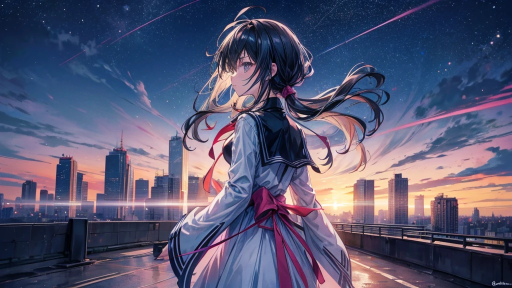 An anime character standing alone on a rooftop, overlooking a city bathed in neon lights. The character gazes out at the cityscape with a determined and hopeful expression, ready to chase their dreams. The city below is vibrant and alive, with streets filled with a symphony of lights and colors, creating a sense of endless mystery. The sky above is dark, speckled with stars, symbolizing the eternal sky where dreams are born. As dawn begins to break, the first rays of light touch the horizon, hinting at a new day and new possibilities. The scene captures a moment of introspection and anticipation, with dynamic lighting highlighting the character's resolve to rise above the challenges and embrace the future.
