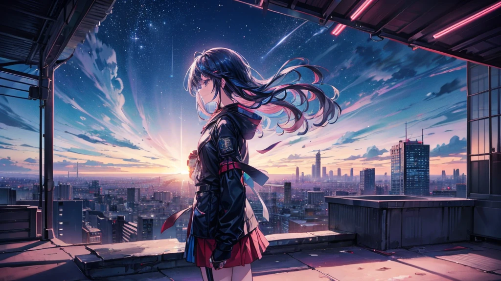 An anime character standing alone on a rooftop, overlooking a city bathed in neon lights. The character gazes out at the cityscape with a determined and hopeful expression, ready to chase their dreams. The city below is vibrant and alive, with streets filled with a symphony of lights and colors, creating a sense of endless mystery. The sky above is dark, speckled with stars, symbolizing the eternal sky where dreams are born. As dawn begins to break, the first rays of light touch the horizon, hinting at a new day and new possibilities. The scene captures a moment of introspection and anticipation, with dynamic lighting highlighting the character's resolve to rise above the challenges and embrace the future.