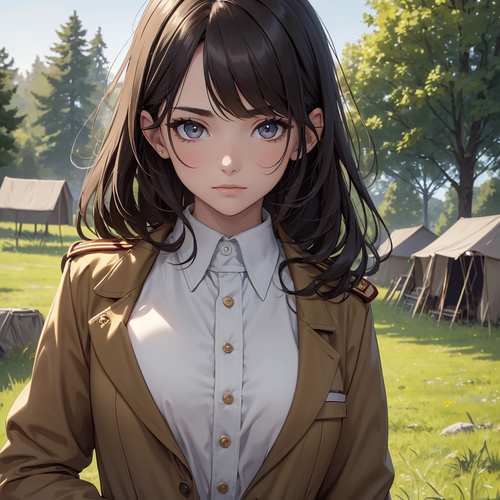 (8K, Best Quality, Masterpiece, Ultra High Resolution) 1Woman, Beautiful Eyes, Face Details, Dark Hair, Tied Hair, Hazel Eyes, Pale Skin, Tan Colored Military Uniform, Tan Jacket, White Fitted Shirt, Outside, Military Camp, Countryside, Best Quality, Upper Body, Looking at the Viewer, Facing Viewer, Close Up
