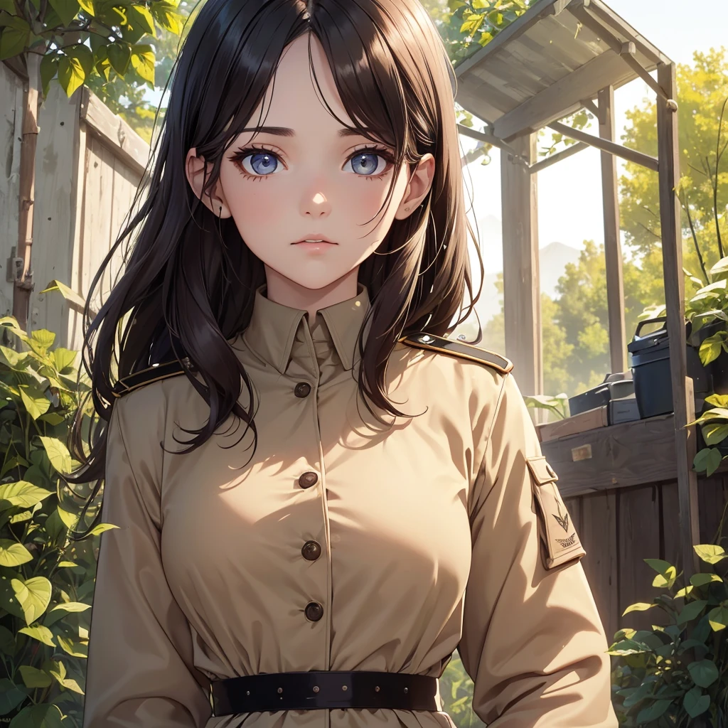 (8K, Best Quality, Masterpiece, Ultra High Resolution) 1Woman, Beautiful Eyes, Face Details, Dark Hair, Tied Hair, Hazel Eyes, Pale Skin, Tan Colored Military Uniform, Tan Jacket, White Fitted Shirt, Outside, Military Camp, Countryside, Best Quality, Upper Body, Looking at the Viewer, Facing Viewer, Close Up