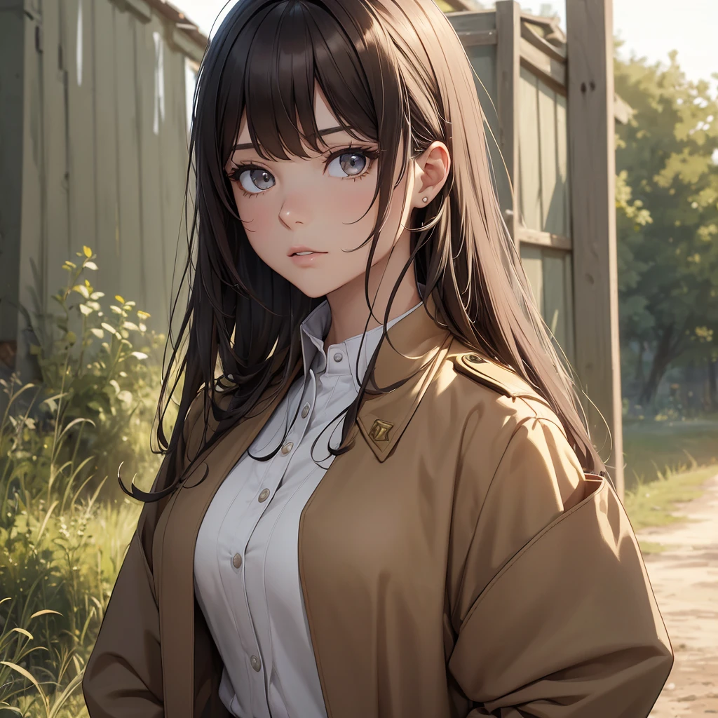 (8K, Best Quality, Masterpiece, Ultra High Resolution) 1Woman, Beautiful Eyes, Face Details, Dark Hair, Tied Hair, Hazel Eyes, Pale Skin, Tan Colored Military Uniform, Tan Jacket, White Fitted Shirt, Outside, Military Camp, Countryside, Best Quality, Upper Body, Looking at the Viewer, Facing Viewer, Close Up