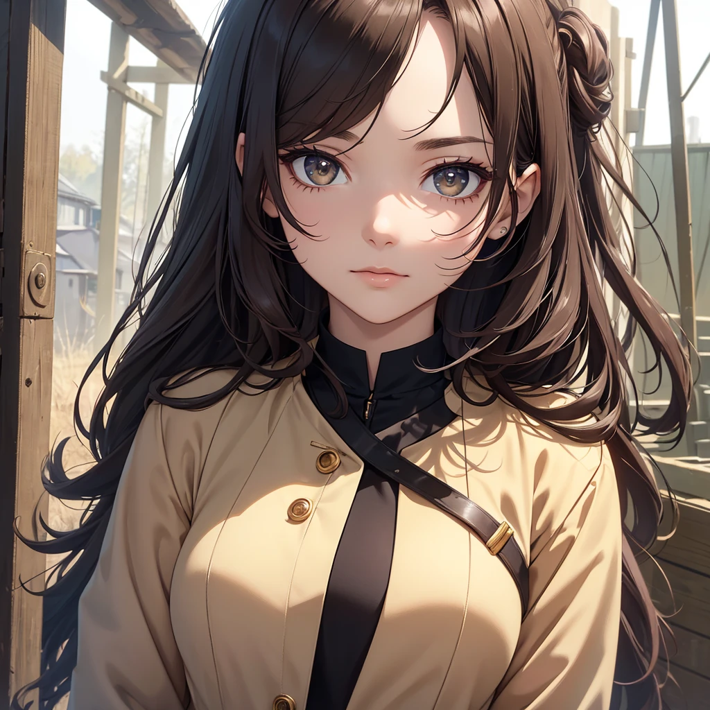 (8K, Best Quality, Masterpiece, Ultra High Resolution) 1Woman, Beautiful Eyes, Face Details, Dark Hair, Tied Hair, Hazel Eyes, Pale Skin, Tan Colored Military Uniform, Tan Jacket, White Fitted Shirt, Outside, Military Camp, Countryside, Best Quality, Upper Body, Looking at the Viewer, Facing Viewer, Close Up