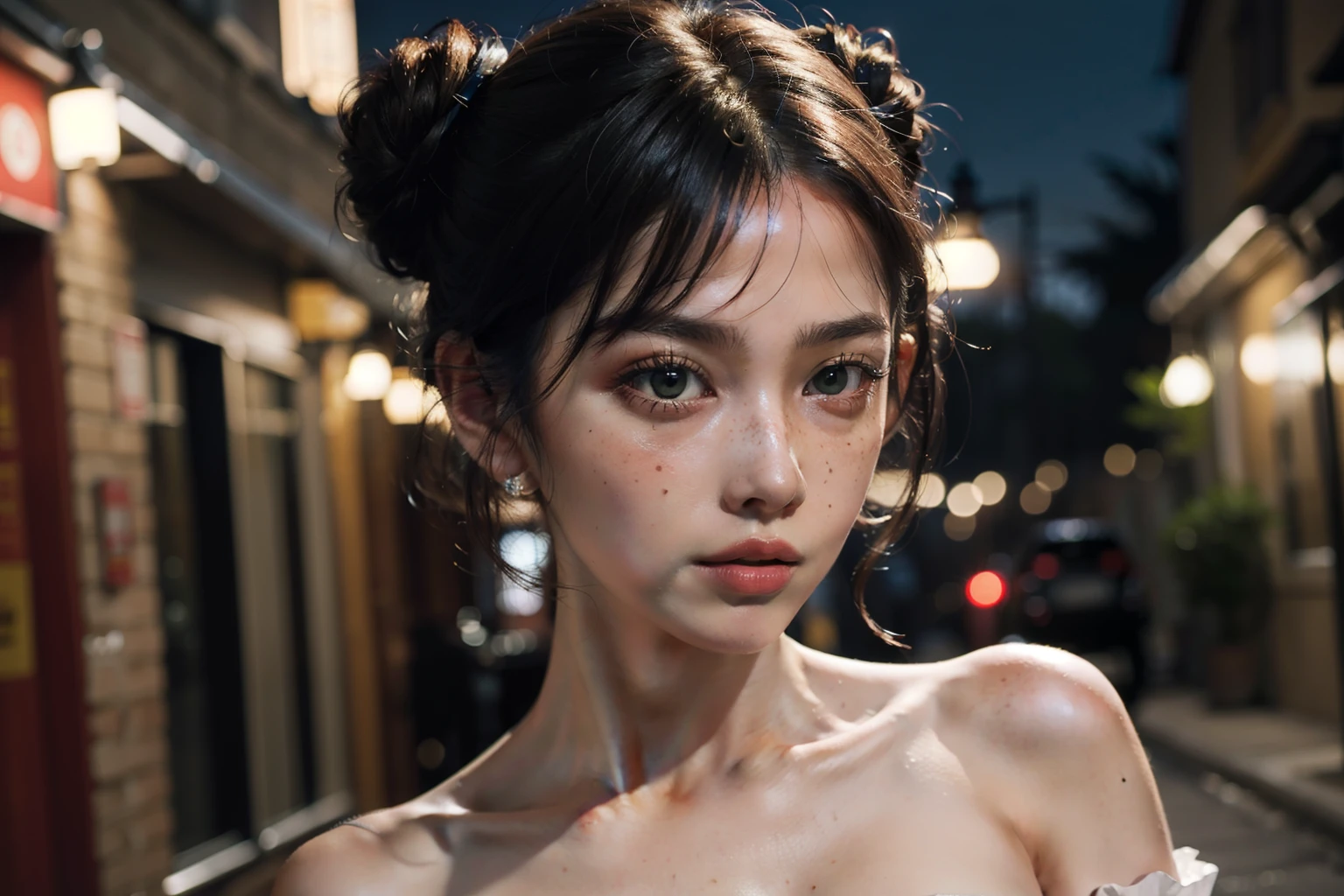 ((best quality)), ((masterpiece)), (detailed), 1girl, double bun hairstyle, alluring,
bare shoulders, very close up, night, alley, off shoulder dress, backlighting,
beautiful face, green eyes, front view, looking forward at viewer, closed mouth,
freckles, strapless, cinematic lightning 4k, top of breasts