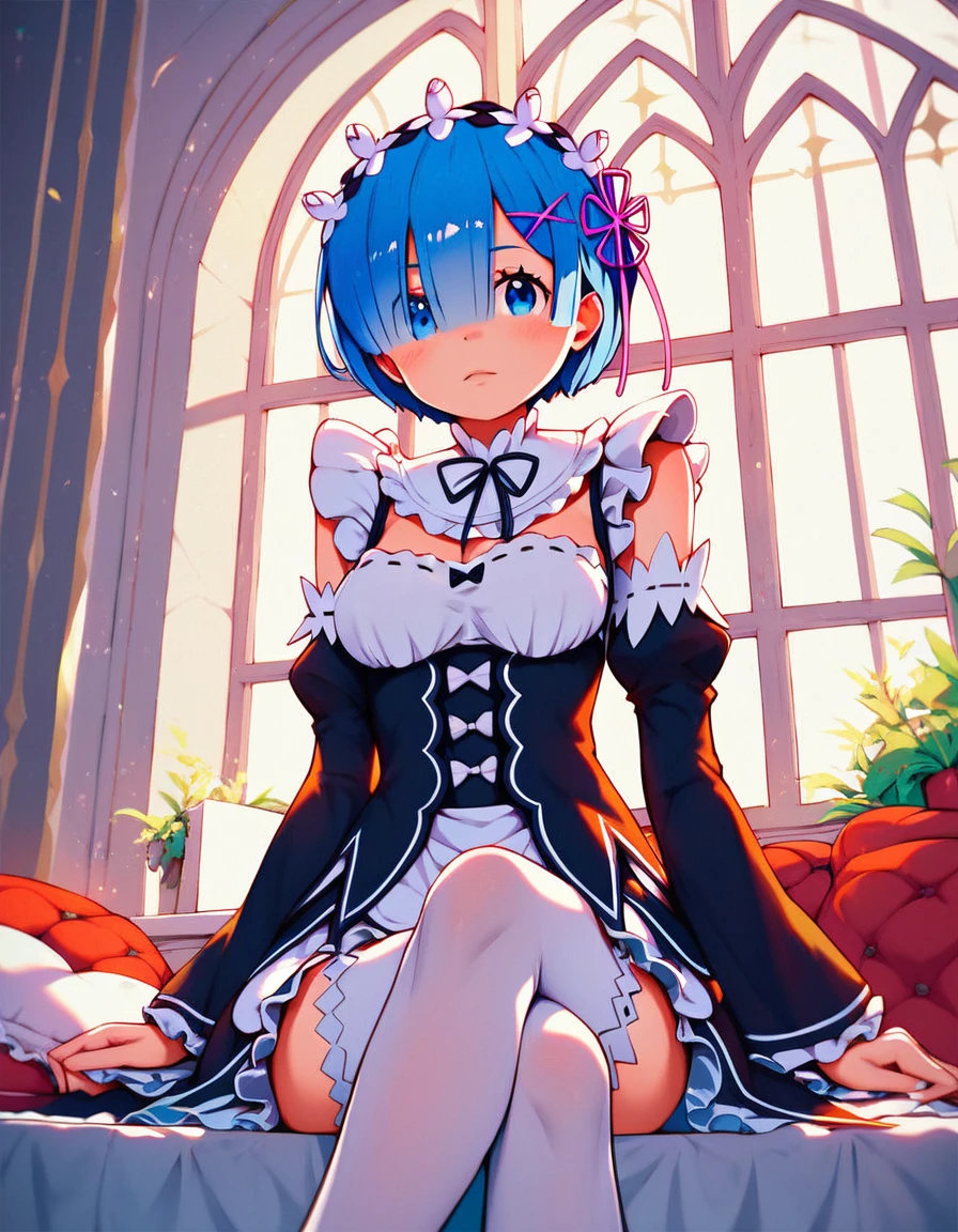 score_9, score_8_up, score_7_up,  (masterpiece, best quality, very aesthetic, ultra detailed, source anime, anime, intricate details), rem_\(re:zero\)
blue_eyes,hair_over_one_eye,short_hair,blue_hair,hair_ribbon,roswaal_mansion_maid_uniform, 1girl, solo, sitting, crossed legs, from below