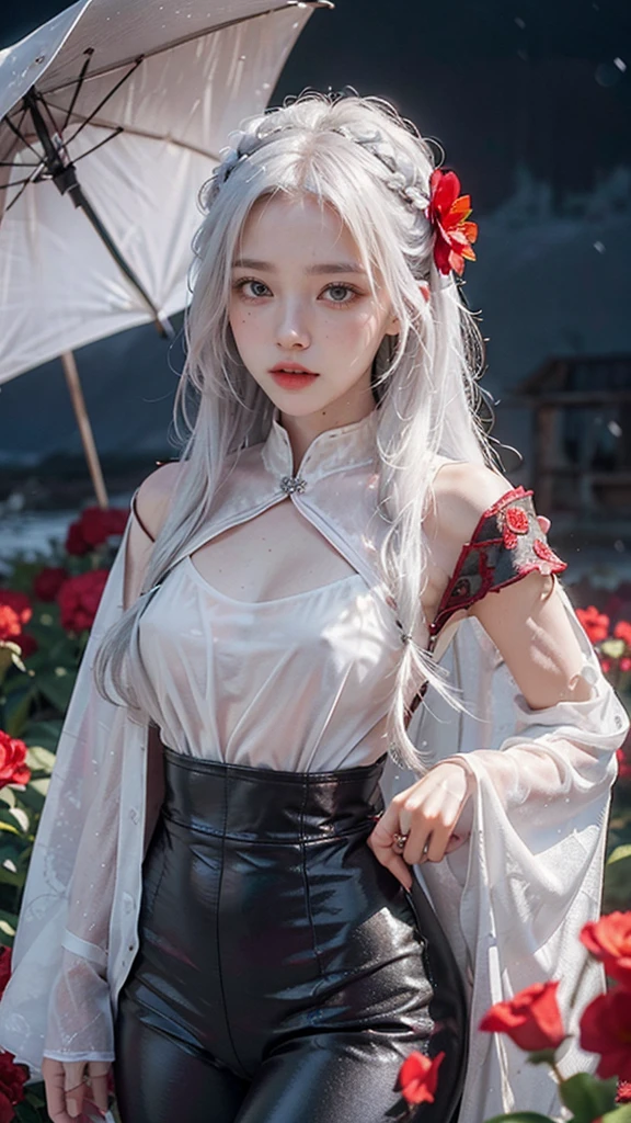 1girl,solo,1girl,solo,((beautiful detailed eyes)), (detailed light),depth of field,(white hair),silver eyes,hair over one eye,(red flower ), hair flower,long hair,black cloak,wet,emotionless,night,starfall,raining,fog,red flowers falling,sketch,upper body,intense shadows, silver shinny dress with straps and leggings with straps