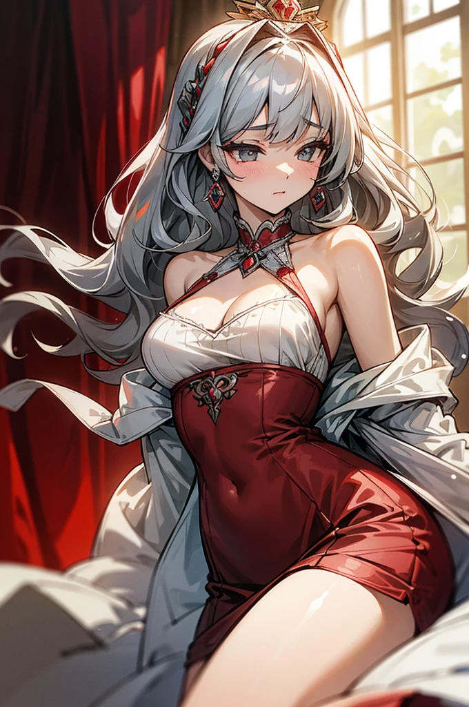 Beautiful girl, Long wavy gray hair, beautiful big gray eyes, revealing clothes, open bodice, Very deep neckline, open shoulders, fluffy skirt, open chest, Rich decorations, headset, palace dress, light background, Bright Picture, Sun rays, refined facial features, a lot of decorations, jewelry, a lot of details, fluffy skirt яркая, atmosphere of villainy, shine, Complacency, confidence, pretty haircut, sexy pose, palace red dress, erotic, sexually, seduction