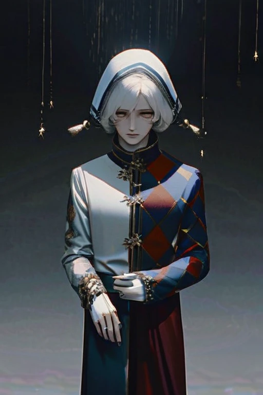 ((Лучшее качество)), ((шедевр)), (подробный), A sad harlequin on a gloomy background
