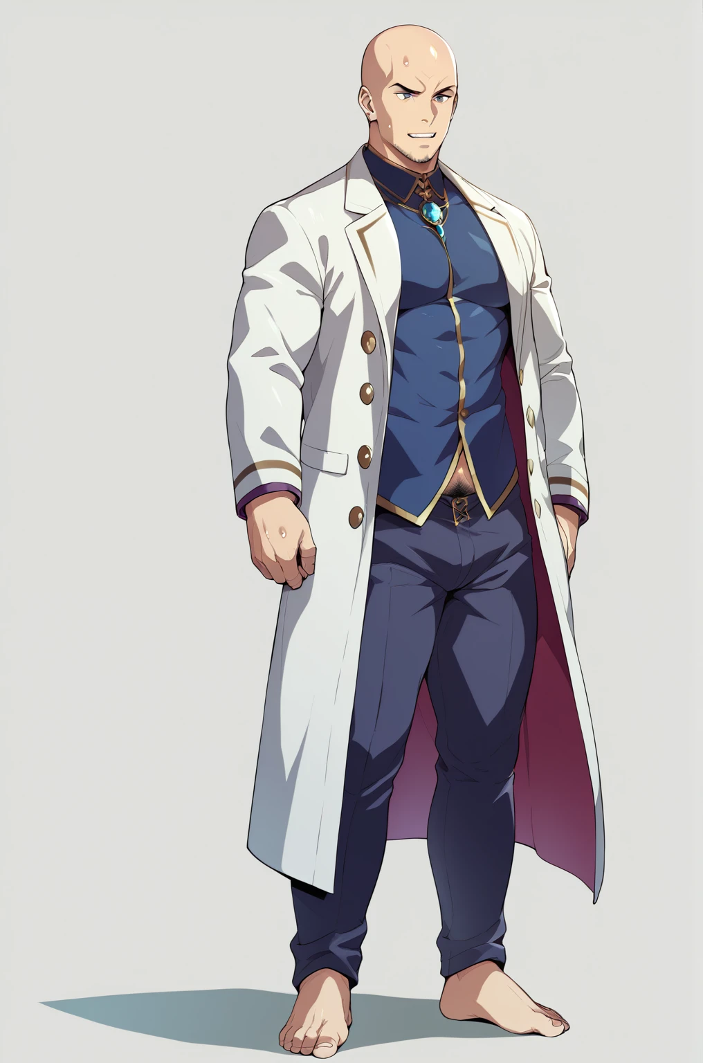 side angle、Man in white coat、Ultra-detailed illustrations、Ultra-precise expression、masterpiece、Highest quality、ultra High resolution、High resolution、Hiromitsu Takeda Style、White background、Simple Background、One Bald Man、whole body、Vulgar expression、Sweat、pubic hair、Big penis、barefoot、Standing posture