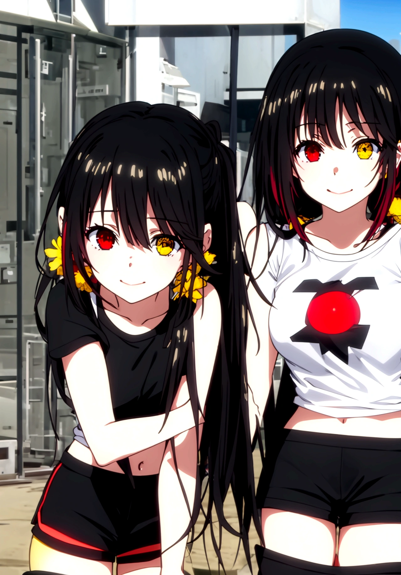 ultra-detailed,highly detailed,best quality,masterpiece,illustration
1girl, ((tokisaki kurumi)), cosplay, hair over one eye, ((right red eye, left yellow eye)), looking at viewer, happy girl, low twintails, ((t-shirts)), (((black hotpants))), hair rings, loafers,
(Outdoors) , walking, beach
