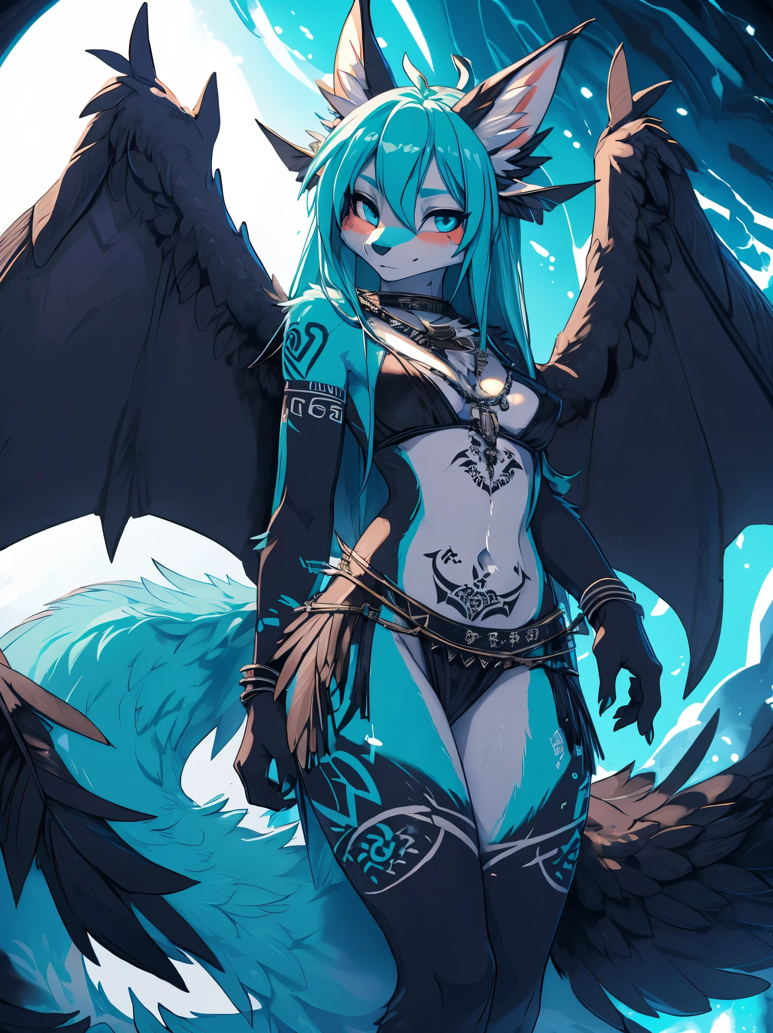 Miku Hatsune, add high definition_detail:1, blue fur,kitsune ears, tribal tattoo add_detail:1, in hell add_detail, barefoot, the same, giant black feather wings add_detail:1 ,alas hermosas la mejor calidad y detail en las plumas, blue saturation light, sensual pose add_detail 