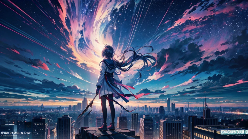 An anime character standing alone on a rooftop, overlooking a city bathed in neon lights. The character gazes out at the cityscape with a determined and hopeful expression, ready to chase their dreams. The city below is vibrant and alive, with streets filled with a symphony of lights and colors, creating a sense of endless mystery. The sky above is dark, speckled with stars, symbolizing the eternal sky where dreams are born. As dawn begins to break, the first rays of light touch the horizon, hinting at a new day and new possibilities. The scene captures a moment of introspection and anticipation, with dynamic lighting highlighting the character's resolve to rise above the challenges and embrace the future.