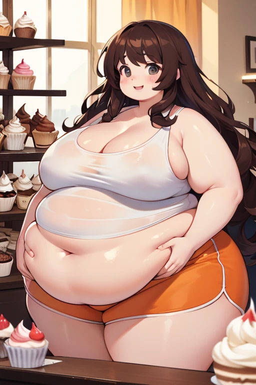 (influencer), ((brown wavy hair)),((soft lighting))24 years old (light makeup)((beautiful eyes))((beautiful face)), ((hyper USSBBW)), ((hyper hyper hyper obese)), (hyper curvy), (((white tanktop)))(((orange shorts))), (hyper bottom heavy), ((hyper gigantic obese hips))((hyper gigantic obese thighs)), (hyper obese calves), (stylish wavy hair), (photorealistic);(smiling seductive)((body weight 300,000,000 lbs))(love handles)((dessert shop with hundreds of cupcakes on counters and shelves)) cleavage ((hyper gigantic obese butt))((hyper gigantic obese belly))((hyper gigantic obese tummy))