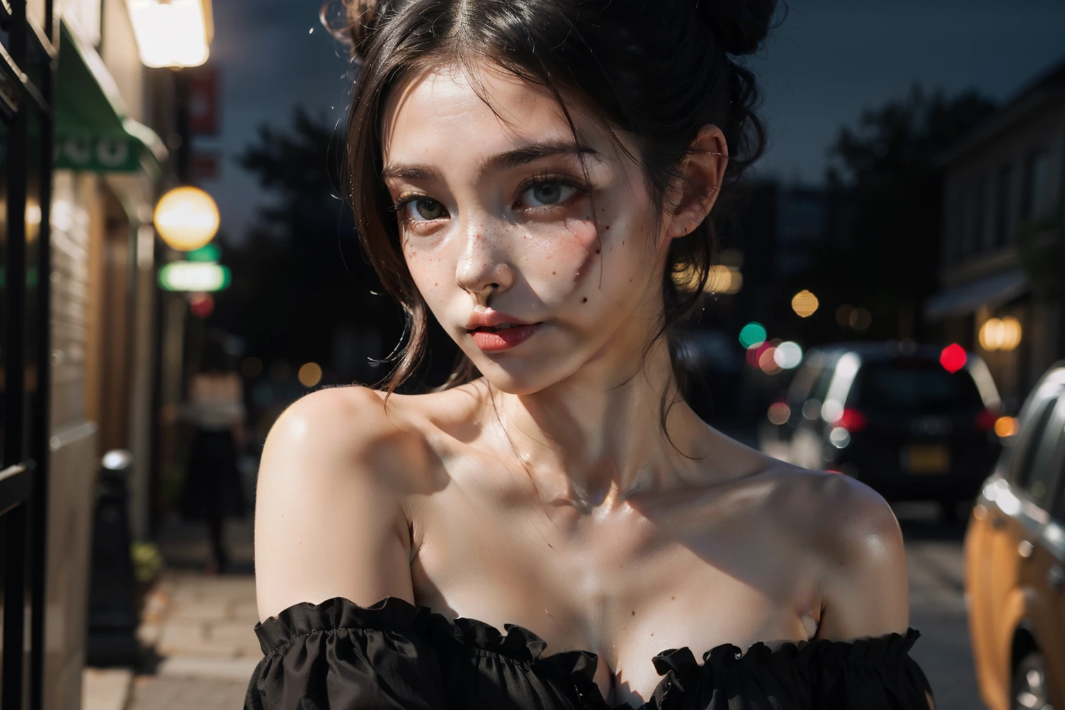 ((best quality)), ((masterpiece)), (detailed), 1girl, double bun hairstyle, alluring,
bare shoulders, very close up, night, alley, (off shoulder dress), backlighting,
beautiful face, green eyes, front view, looking forward at viewer, closed mouth,
freckles, strapless, cinematic lightning 4k