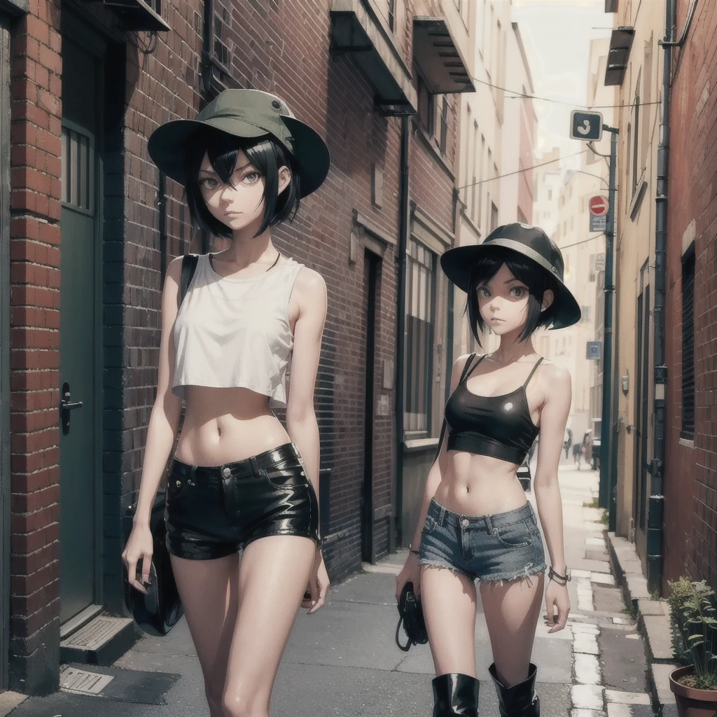 girl similar to gorillaz noodle, black short hair ((drawing)), ((anime girl nose)) ,A very thin girl, with extremely pale skin, wearing a white Bucket Hat. She is dressed in a collarless white crop top, exposing the strap of her black bikini, black tight shorts, and brown boots. She stands next to a vintage green Vespa motorcycle, holding an empty bottle. The setting is an urban alley, decorated with vibrant street art and graffiti on the brick walls. The alley is dimly lit, casting dramatic shadows and enhancing the dystopian atmosphere.
