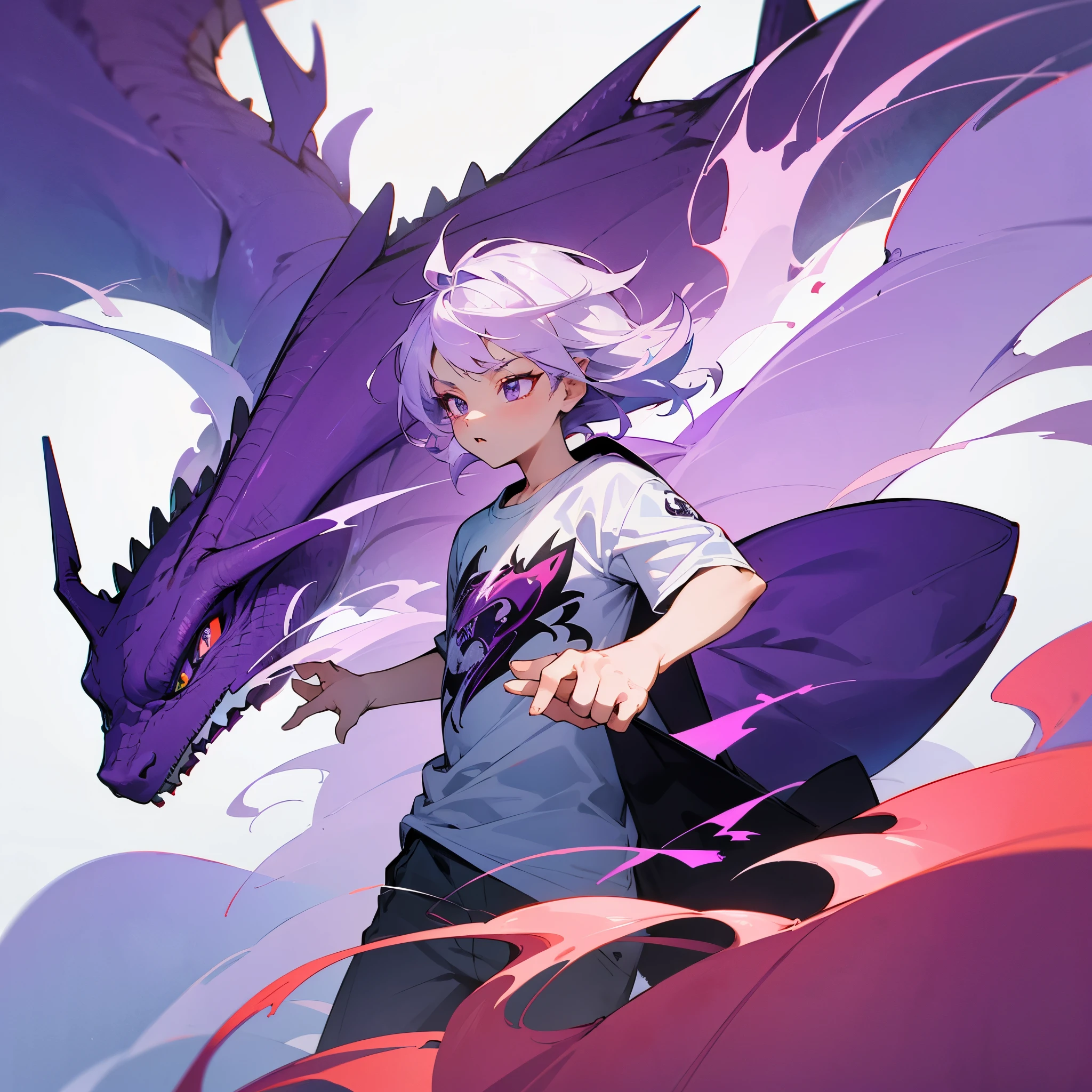vector T-shirt design, modern graphics design, purple tones, white background, featuring a charming baby dragon with smoke out of his mouth