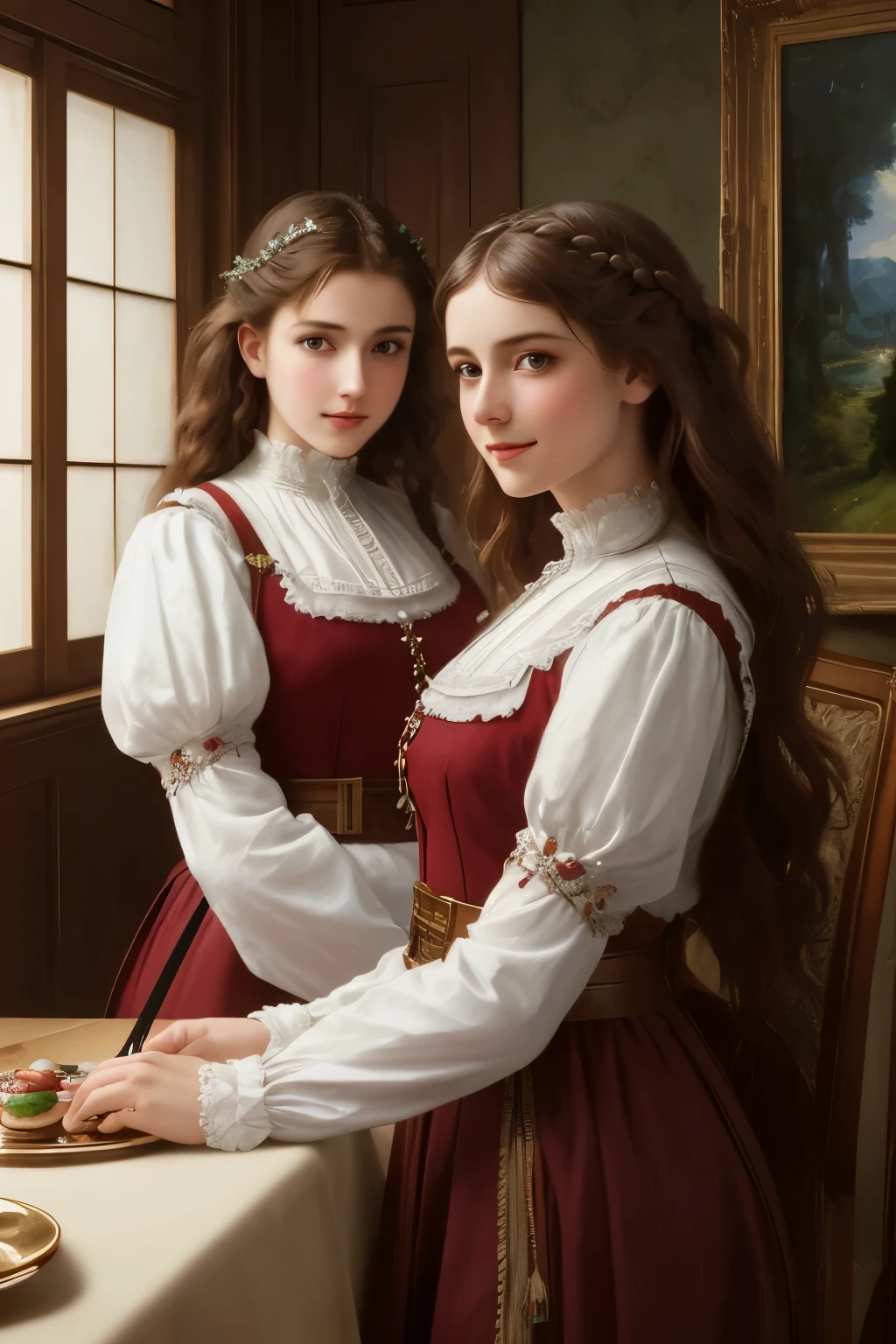 (Masterpiece, Superb, Super Detailed, High Resolution)), solo, beautiful girl RUSSIAN IN BRAIDS, bright eyes, perfect eyes,there are two women standing at a table with a cake, mary jane ansell, nick alm, by Emile Lahner, romantic era painting, inspired by Antonio Ciseri, art style of john collier, tuomas korpi bouguereau, art of emile eisman - semenowsky, inspired by Henryk Siemiradzki, victorian era painting, epic Masterpiece, ultra highest quality, ulra highest resolution, ulra high-definition, distinct_image, very elaborate CG, cinematic lighting, ray tracing, drop shadows, detailed detail, (photorealistic: 1.4), ultra high quality textures, fine-grained, realistic face expression): (lone girl, face is Japan, brown short hair, small size breasts, sparkling eyes, Eye level shot, happy smile, beauty, slim body, holiday,4k、futuristic image、real、concert hall、Many people、back view、Hologram Art、very detailed、wide angle lens、damp medieval town、3D hologram、projectolm、geometric、Vibrant and fantastic plants、big house、anime background、