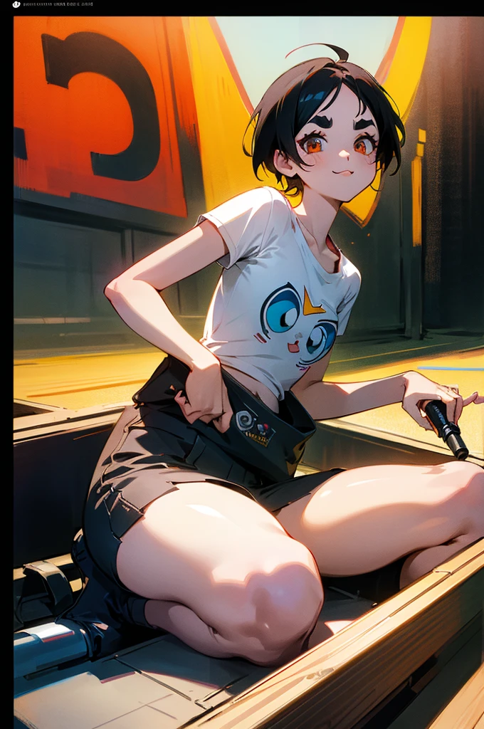 anime style,artistic, masterpiece,best quality,ssuper detailed,super fine illustration, highly detailed, dynamic angle, beautiful detailed, 8k,detailed background, On a summer afternoon, in a record studio, BREAK a female musician is singing in front of the viewer. She is wearing a white T-shirt with a graffiti art-style cat illustration.Break very short hair,flat chest,black  hair,red-eyes,(full-face brasched:1.3),perfect hands,perfect fingers,Tsurime,(thick eyebrows:1.3),Break holding microphone,Break headphones,(Cat T Shirts LoRA:1.2),pov,from front,smile,seeing  viewer